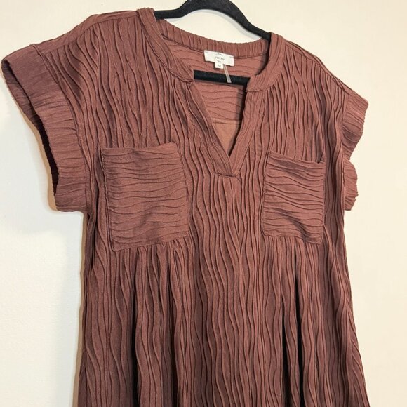 Crinkle Textured Brown Short Sleeve Dress Pockets Lined by Entro Size Women's M - Picture 5 of 8